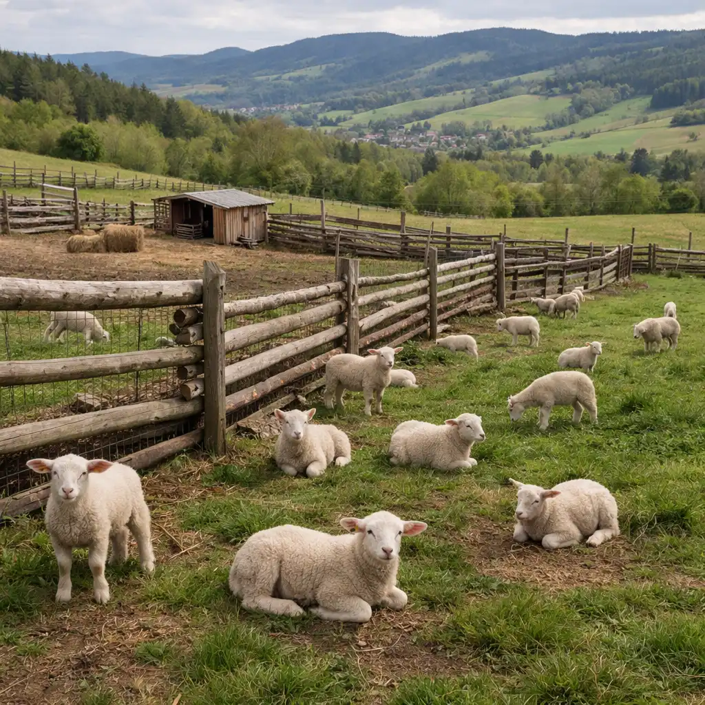 Pastvina s jehňaty a dřevěné ohrady na rodinné farmě v Podkrkonoší