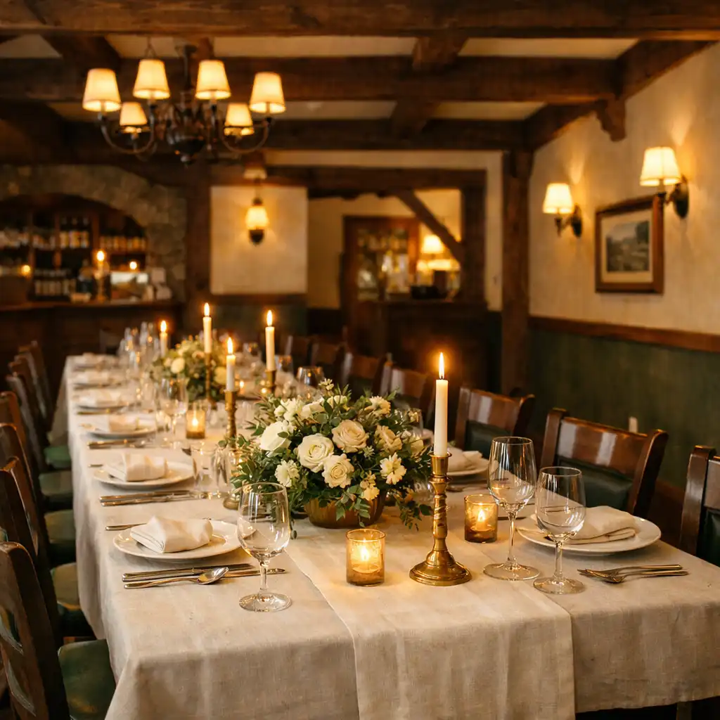 Prostřený stůl pro soukromou akci s elegantním prostíráním, svíčkami a květinovou výzdobou