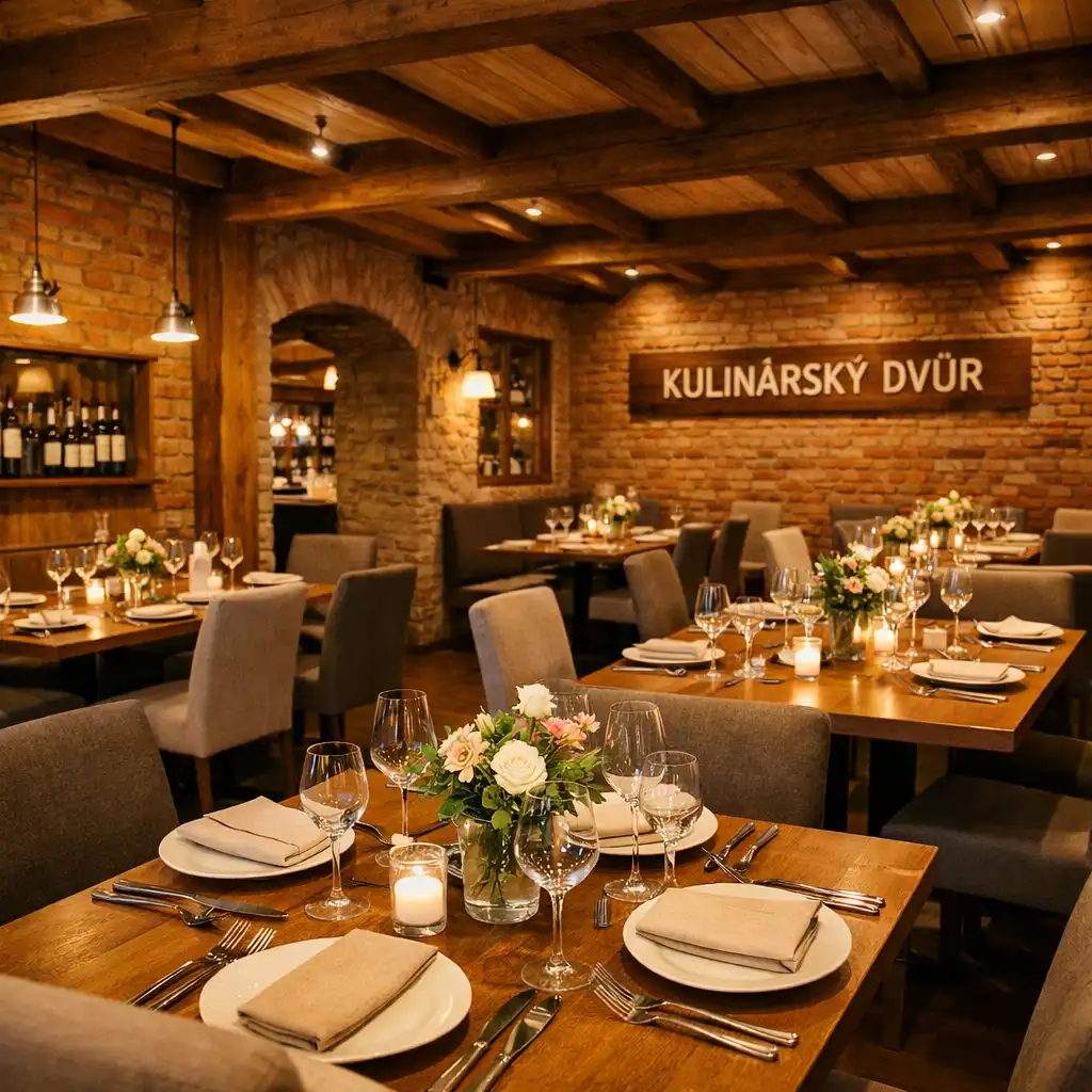 Rustikální interiér restaurace s dřevěnými trámy, cihlovou zdí a prostřenými stoly