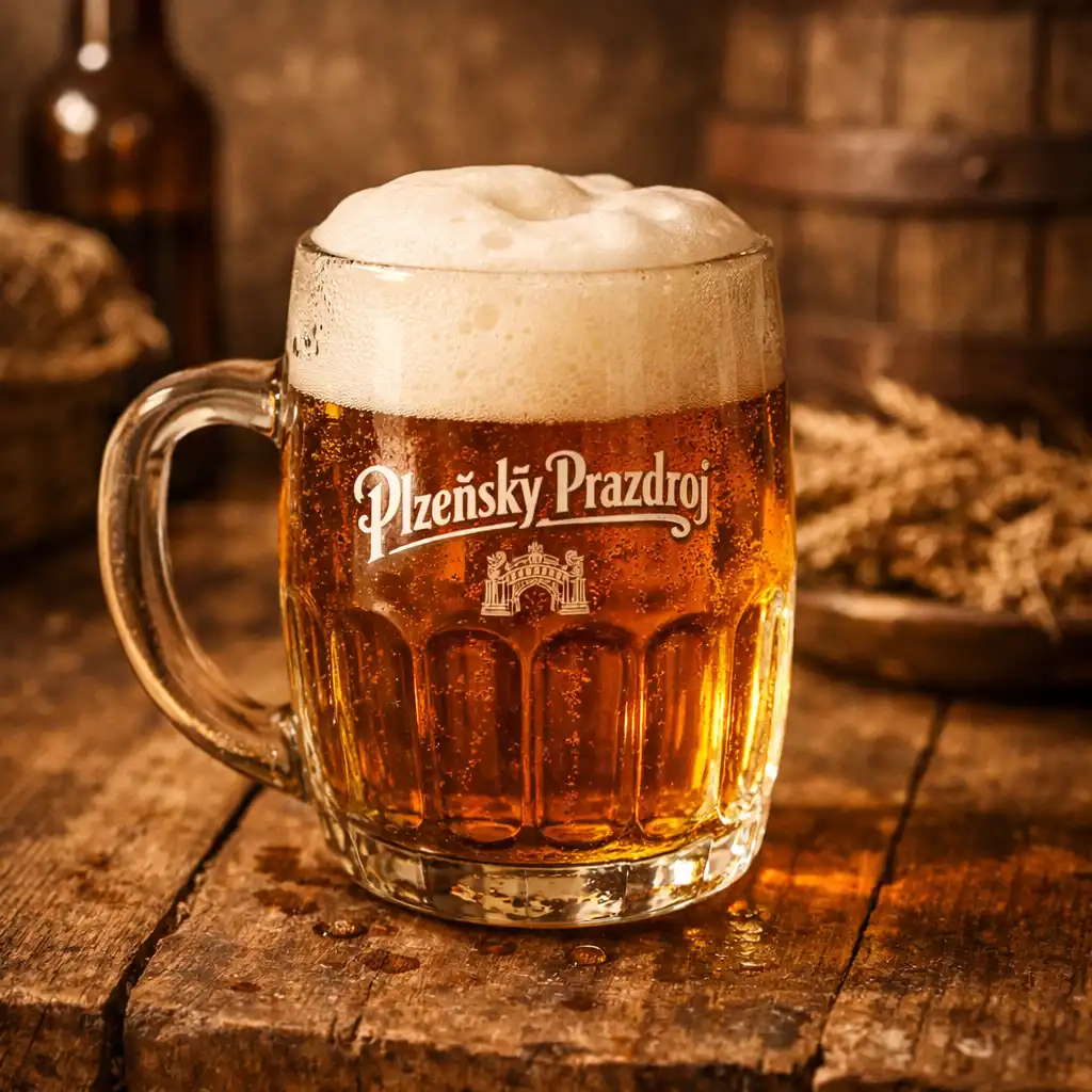 Pivo Plzeňský Prazdroj ve sklenici na dřevěném stole