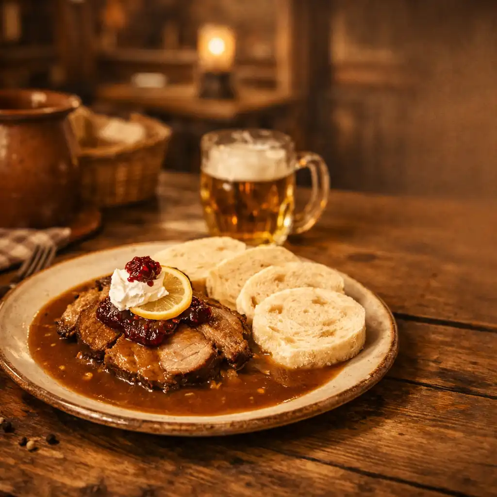 Rustikální české jídlo na dřevěném stole v teplém světle restaurace