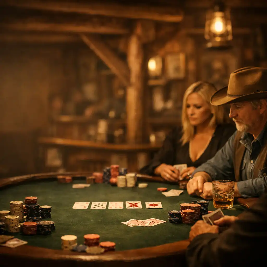Přátelská pokerová hra u dřevěného stolu v teplém světle salonku