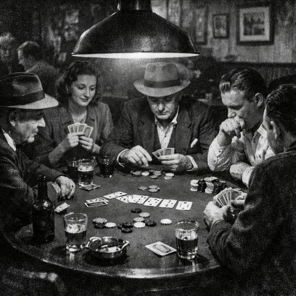 Černobílý snímek pokerového stolu s kartami, žetony a soustředěnými hráči