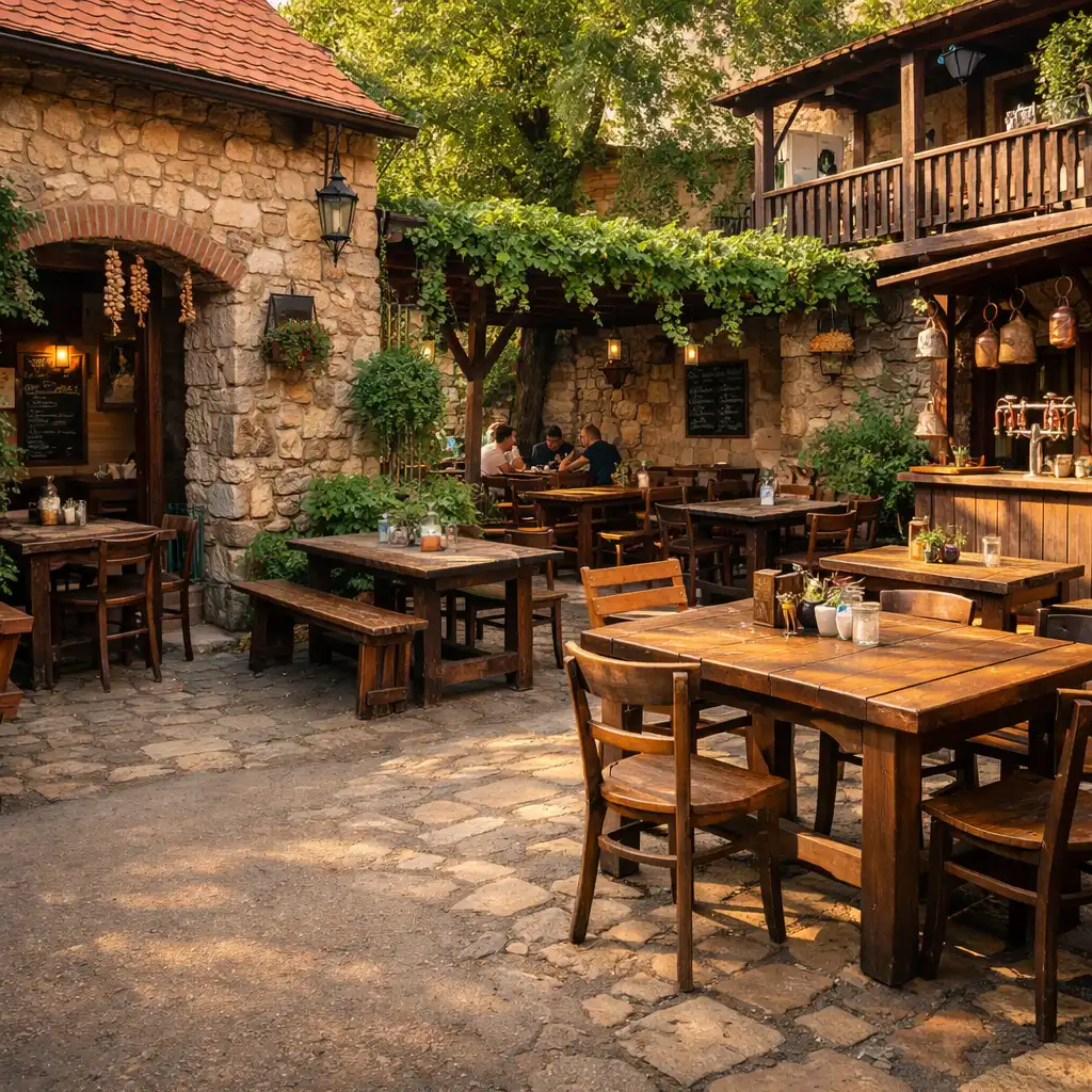 Historický dvůr restaurace Kulinářský Dvůr s dřevěnými stoly a teplým odpoledním světlem