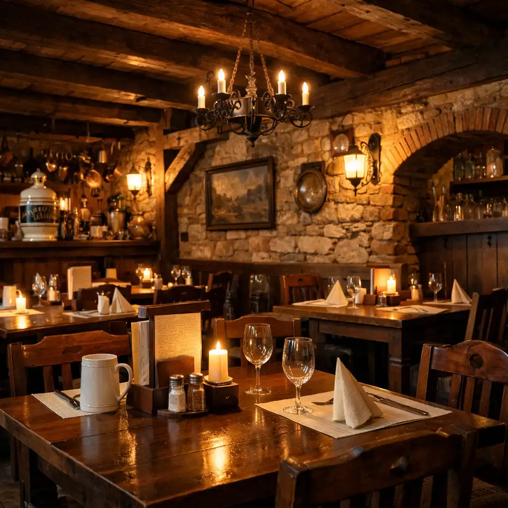 Interiér restaurace s odhalenými dřevěnými trámy a kamennými zdmi v teplém osvětlení