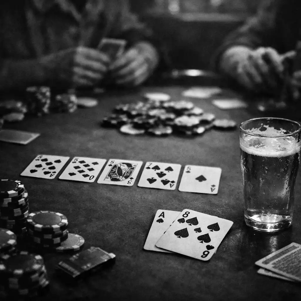 Černobílá fotografie pokerového stolu s kartami, žetony a sklenicí piva